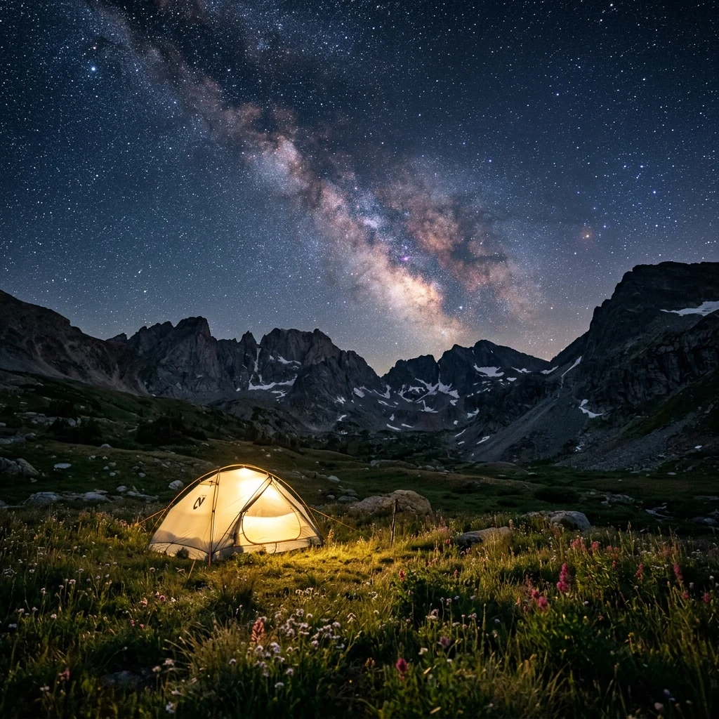 Glowing tent under a starry mountain sky