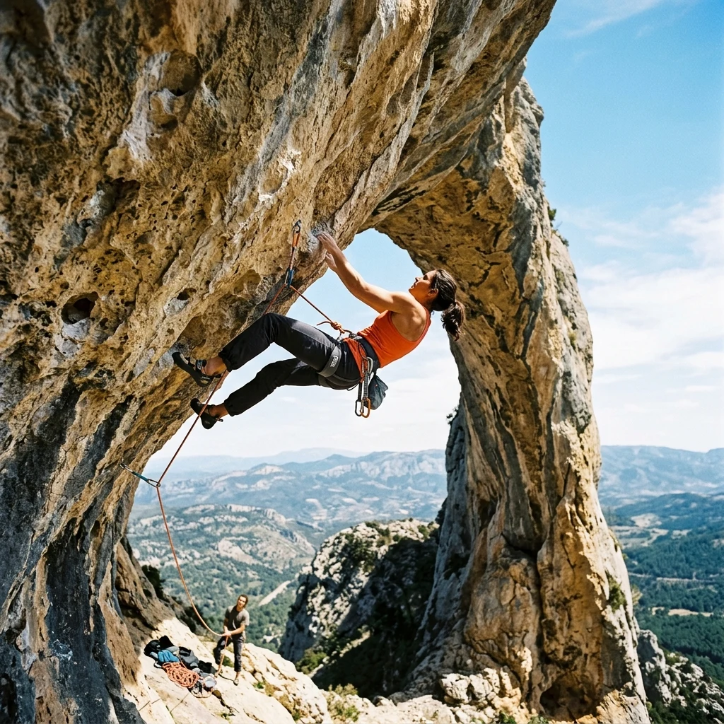 Climber scaling a massive limestone arch