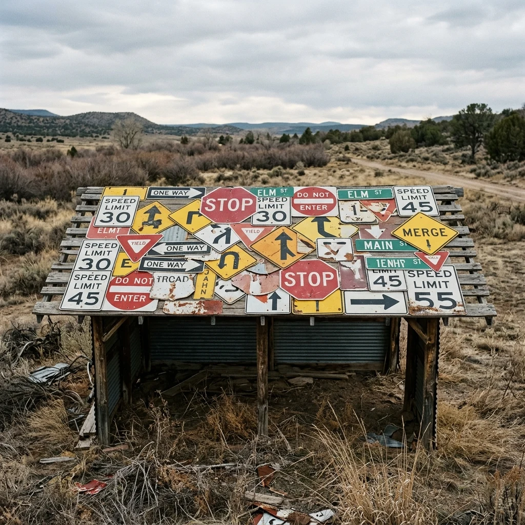 Shelter roof made from colorful road signs