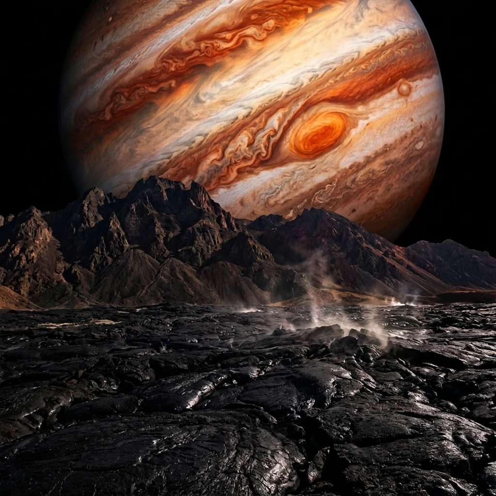 A dramatic rendering of Ionian Montes rising out of a flat plain of fresh black silicate…