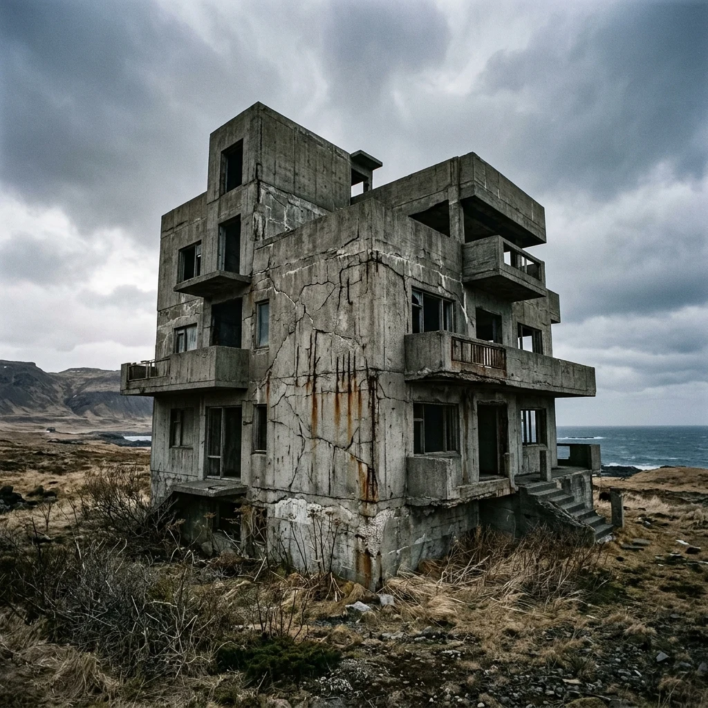 Weathered concrete villa in a windswept landscape