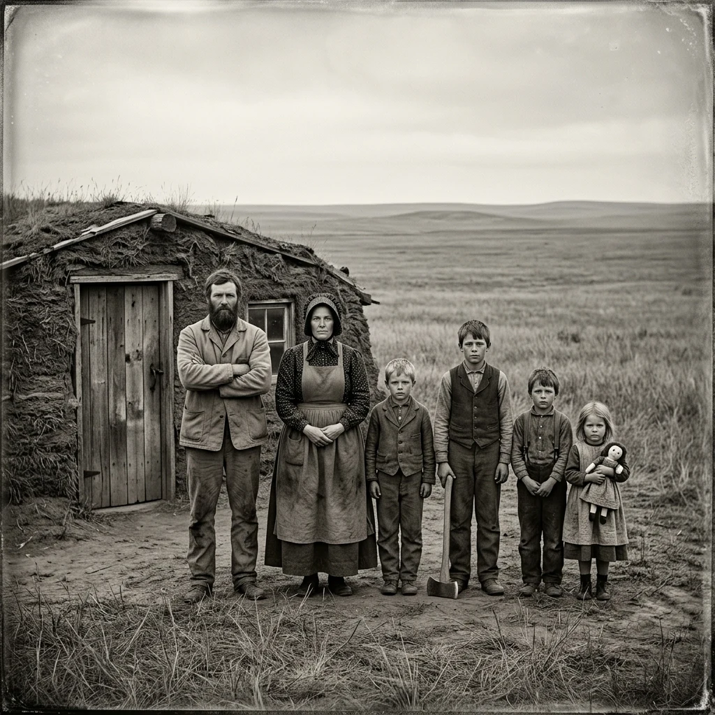 A wet-plate collodion tintype portrait of a homesteading family of six standing outside a…