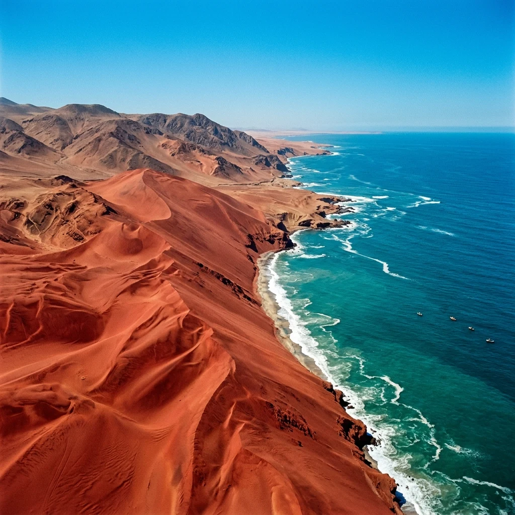 Desert dunes meeting the turquoise ocean