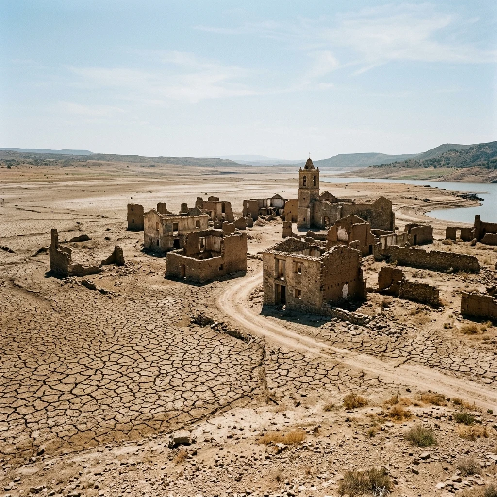 A drained reservoir with a drowned town re-emerged from the cracked mud