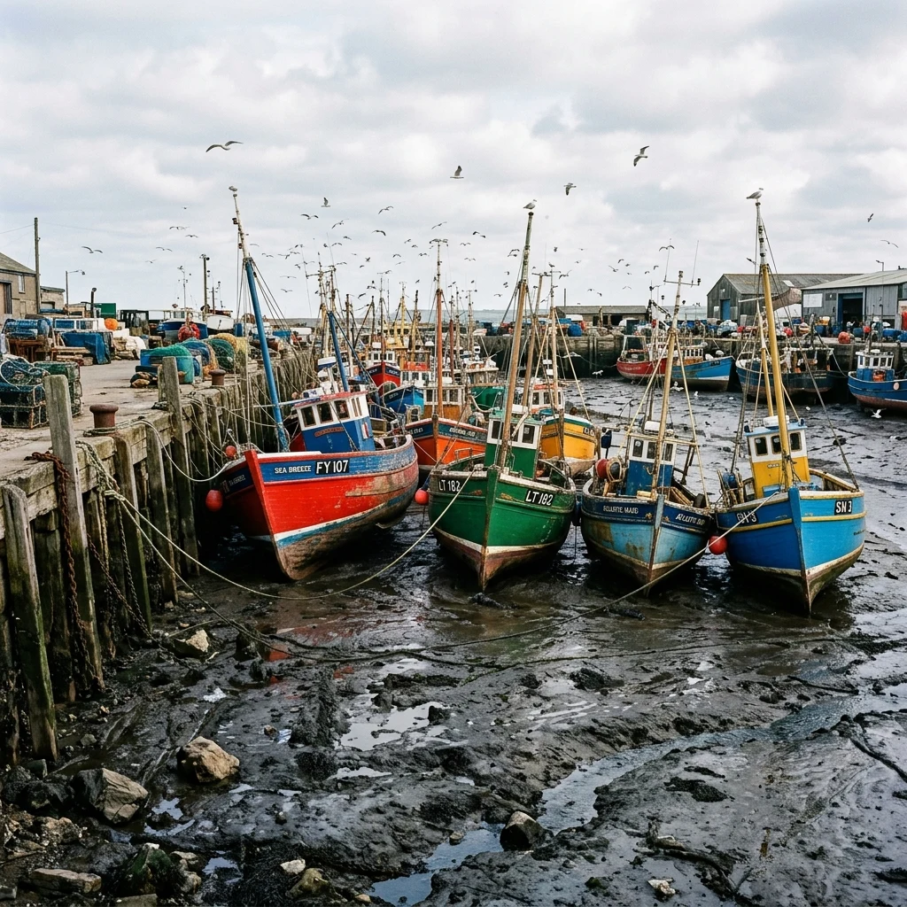 A fleet of brightly painted wooden fishing trawlers tied to a harbor quay at low tide