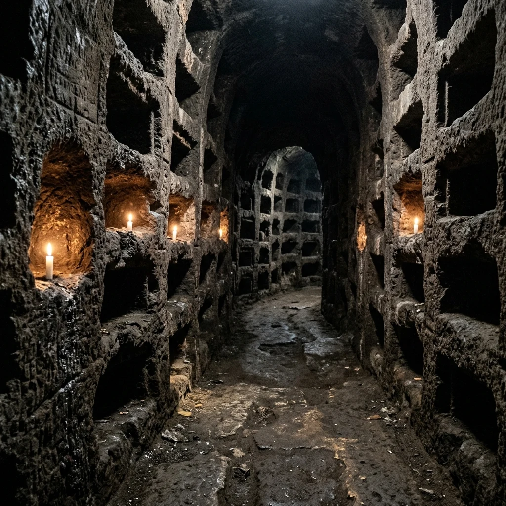 An ancient subterranean catacomb carved from volcanic tuff rock