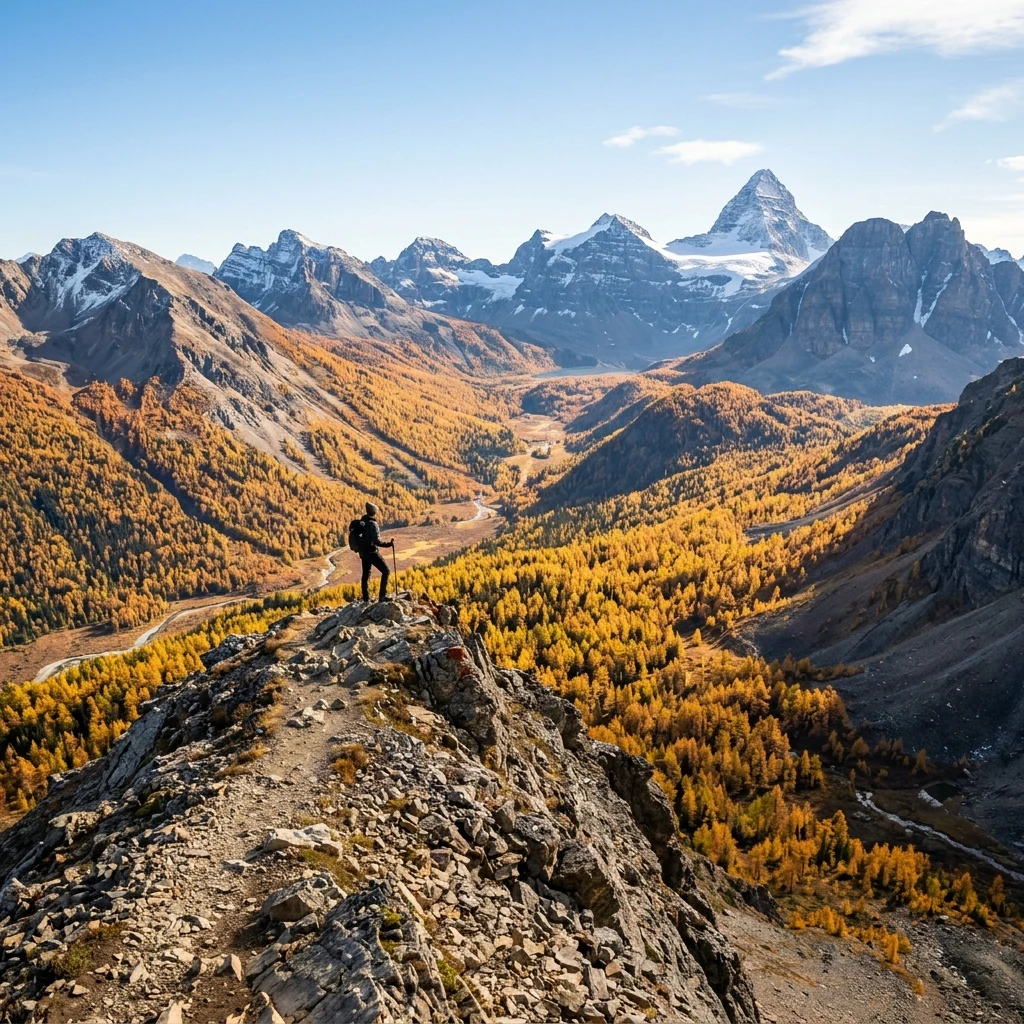A hiker on a ridgeline in the gold of turning larch