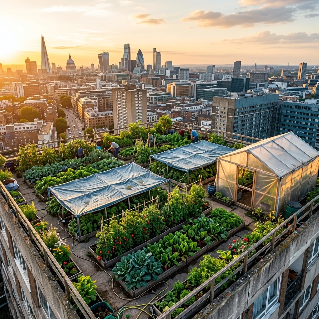 A rooftop farm on an apartment block with rainwater catchment tarps