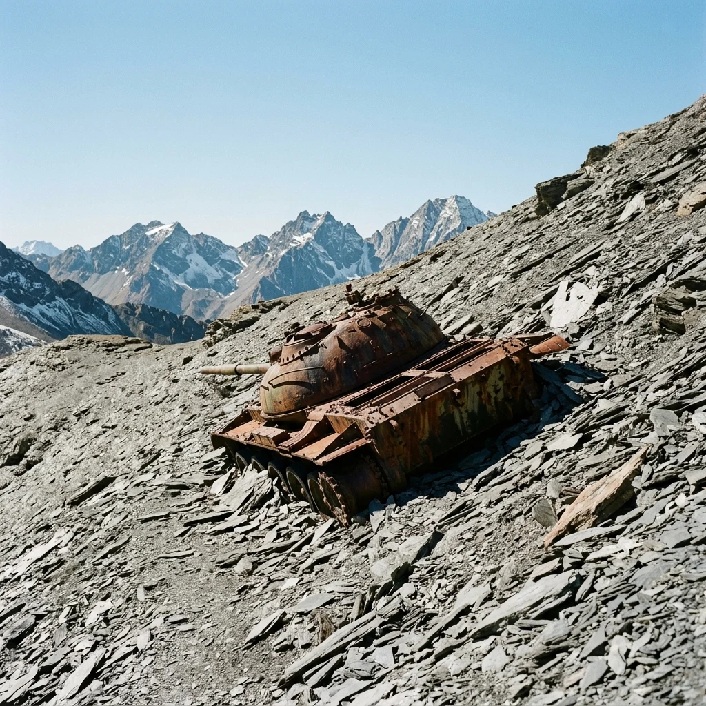 Old tank resting on a rocky mountain slope