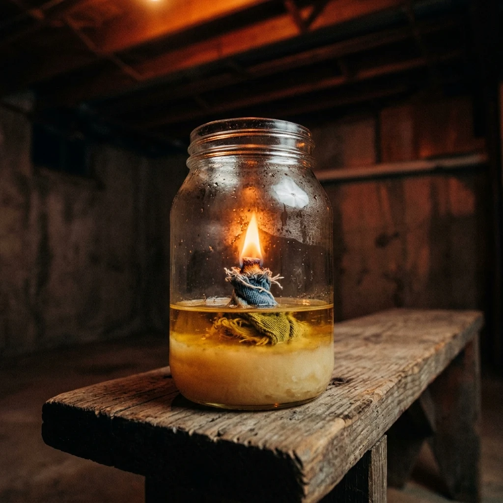 A makeshift oil lamp made from a glass wide-mouth mayonnaise jar filled with animal fat