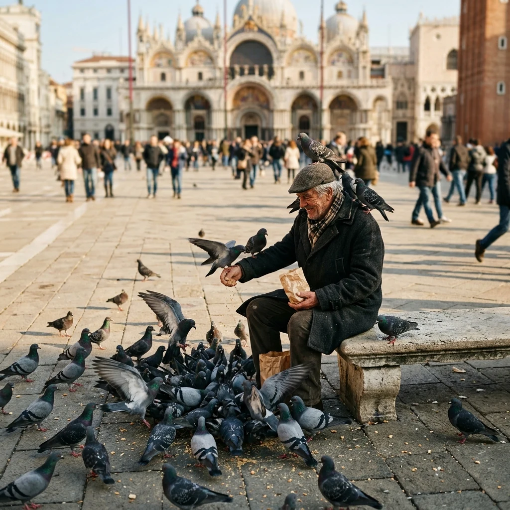 An elderly man feeding pigeons on a plaza bench