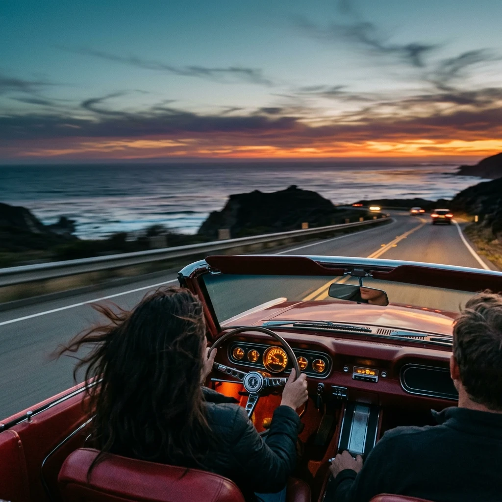 A convertible on a coastal highway at dusk shot from the back seat