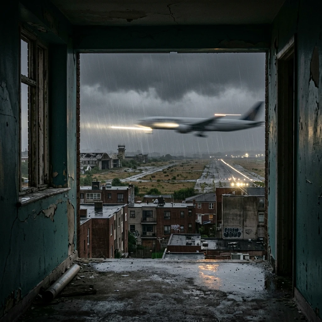 A view from a dark upper corridor looking out at Kai Tak airport at night