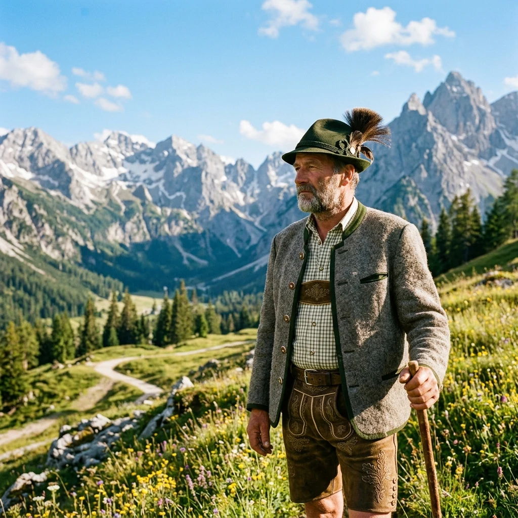 Man in traditional clothing in mountain pasture