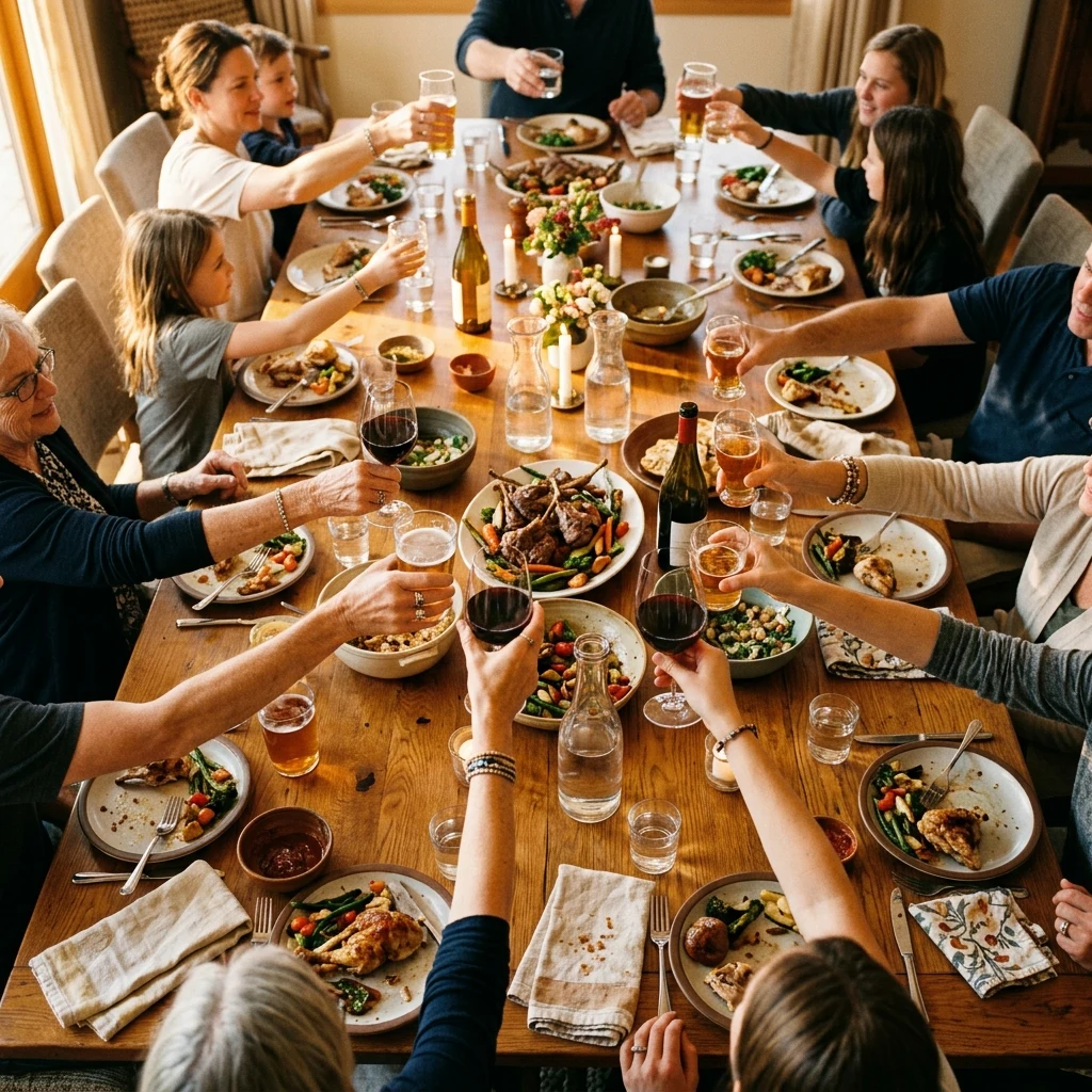 Family gathered for a festive dinner toast