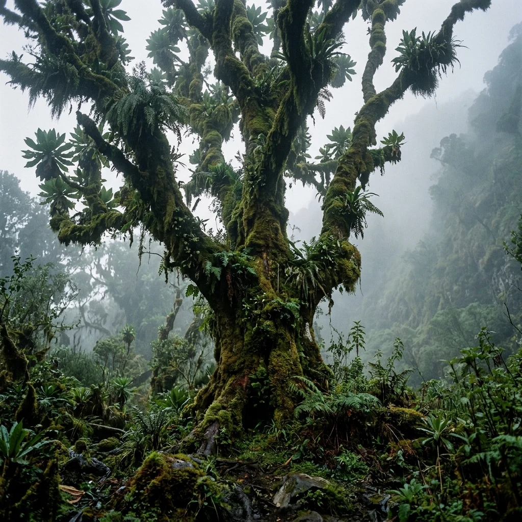 A dense, moss-draped cloud forest on the upper slopes of the Rwenzori 'Mountains of the…