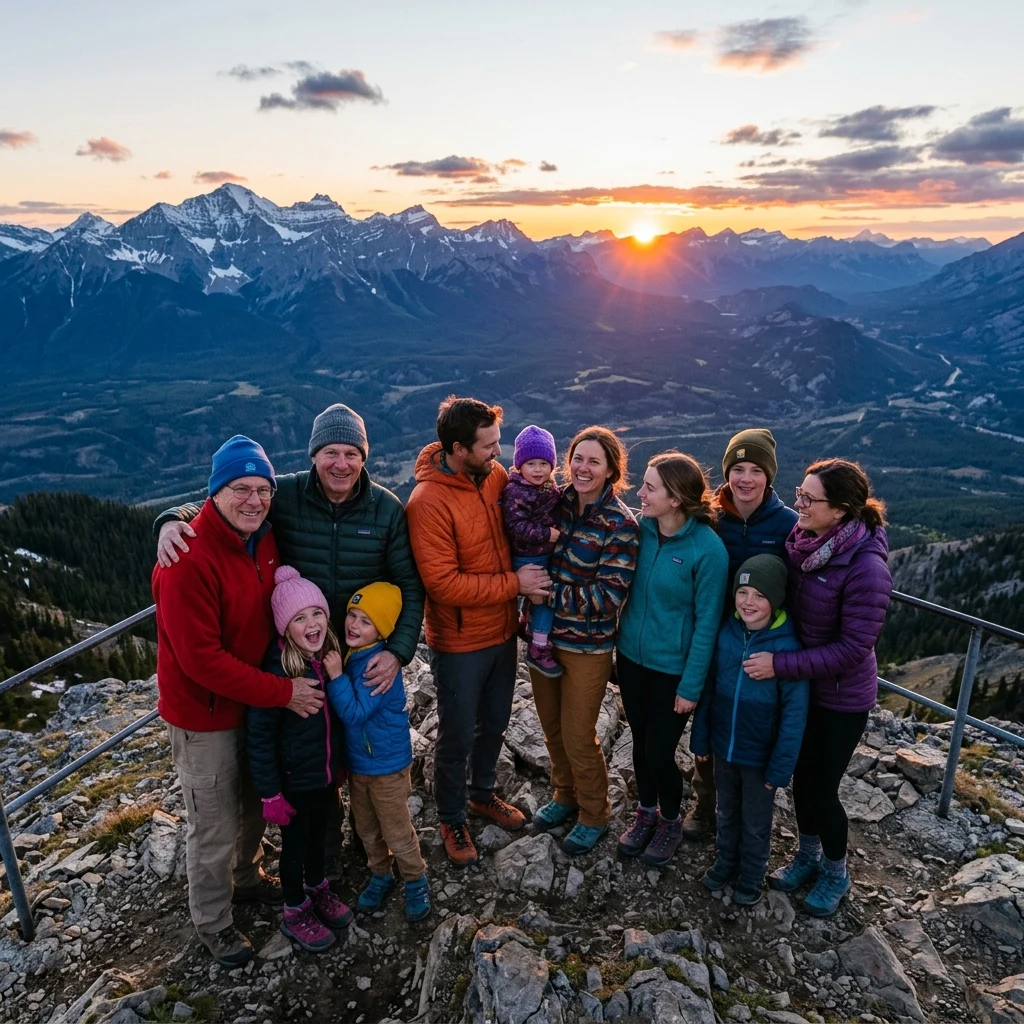 An extended family group portrait taken on a rocky mountain lookout point