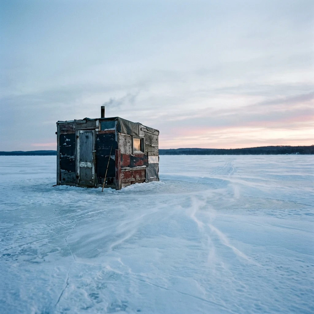 Solitary fishing hut on a frozen lake