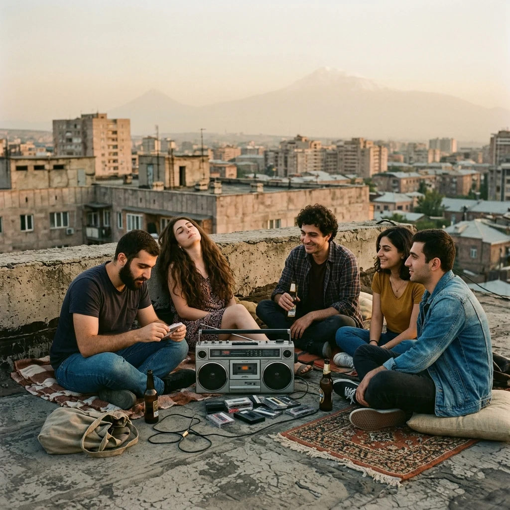 A group of friends listening to cassette tapes on a boombox atop a concrete garage roof…