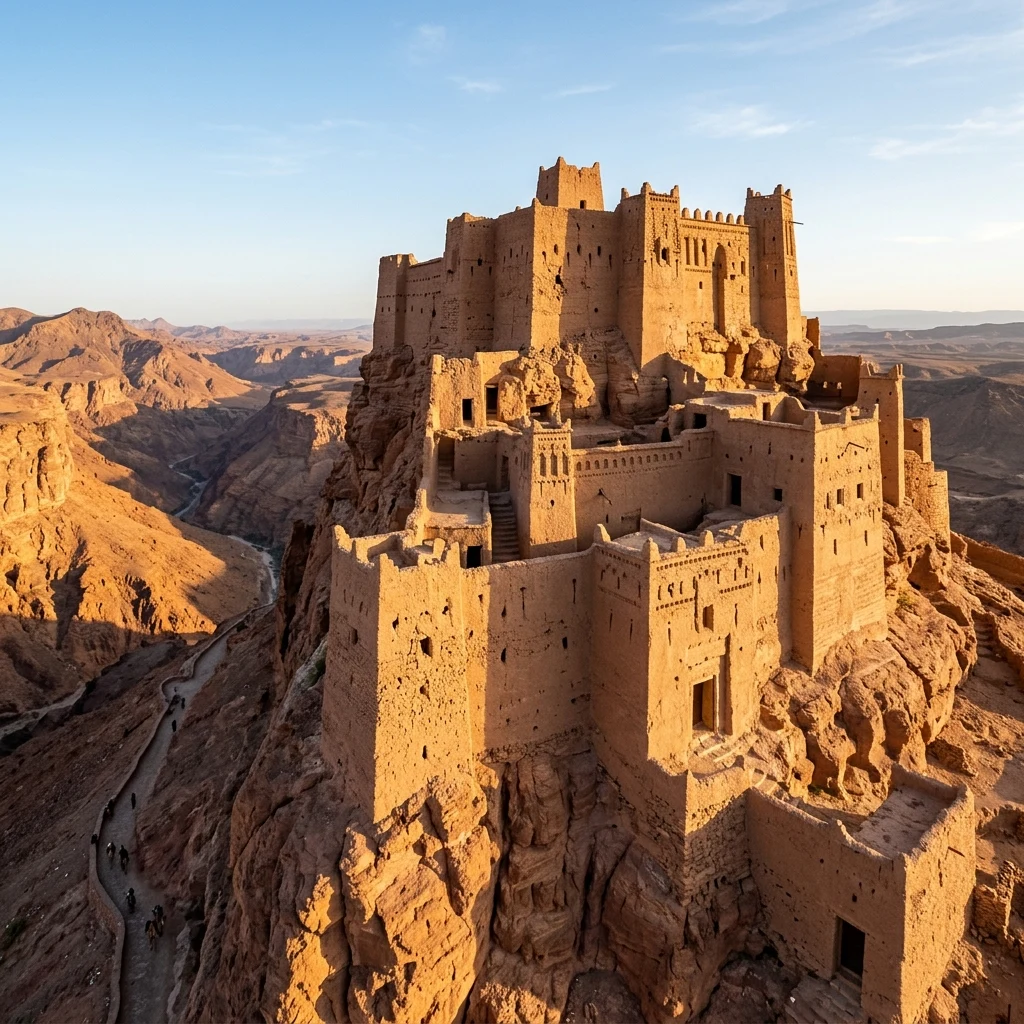 A ancient mud-brick fortress standing on a rocky outcrop overlooking a desert canyon