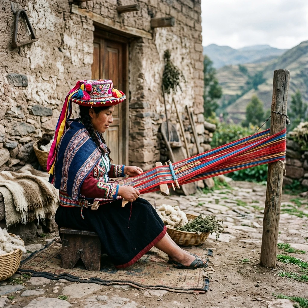 A young Andean weaver in a embroidered montera hat working a backstrap loom outside a…