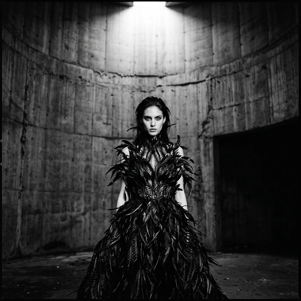 A dramatic high-fashion couture gown made of laser-cut black feathers