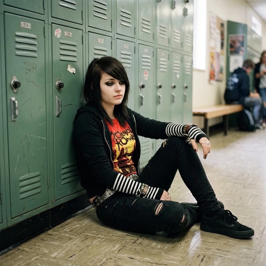 Person sitting by school lockers