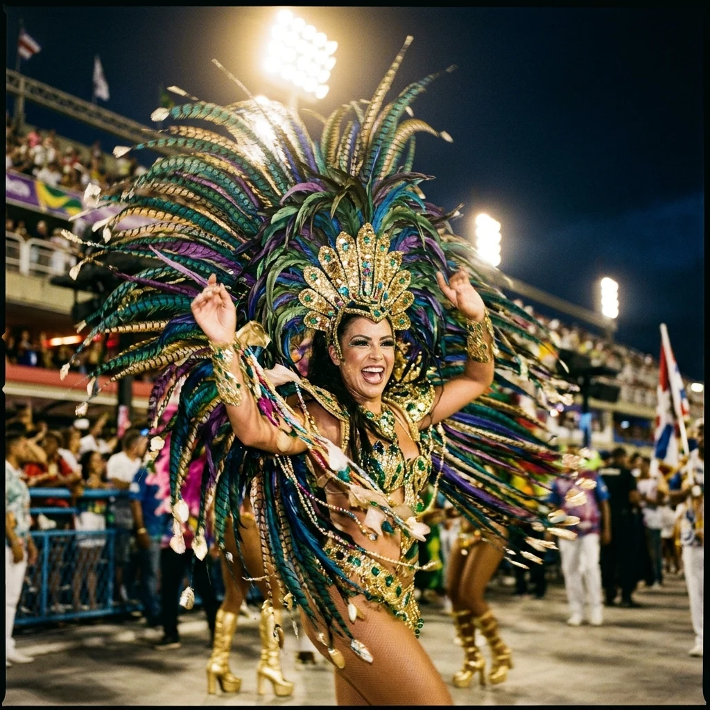 Performer in a feathered carnival costume