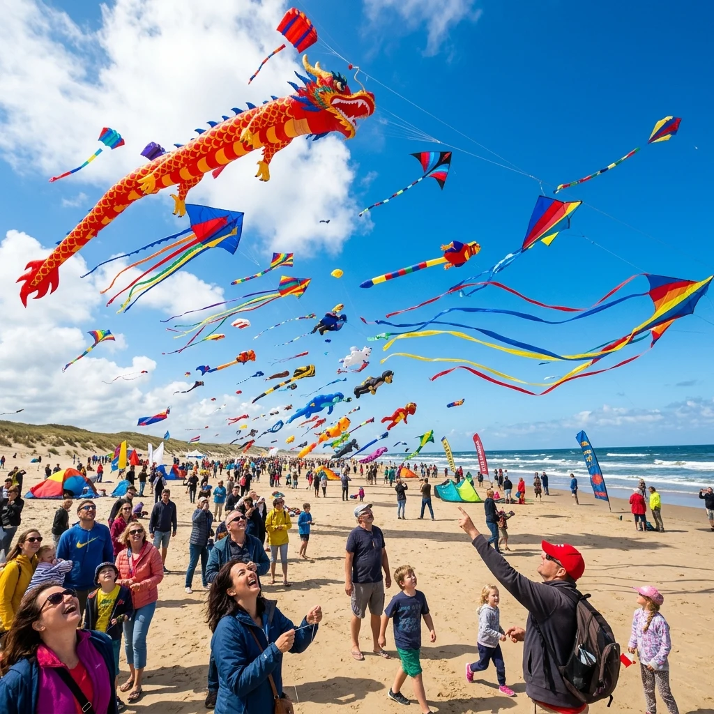 A kite festival on a windy beach