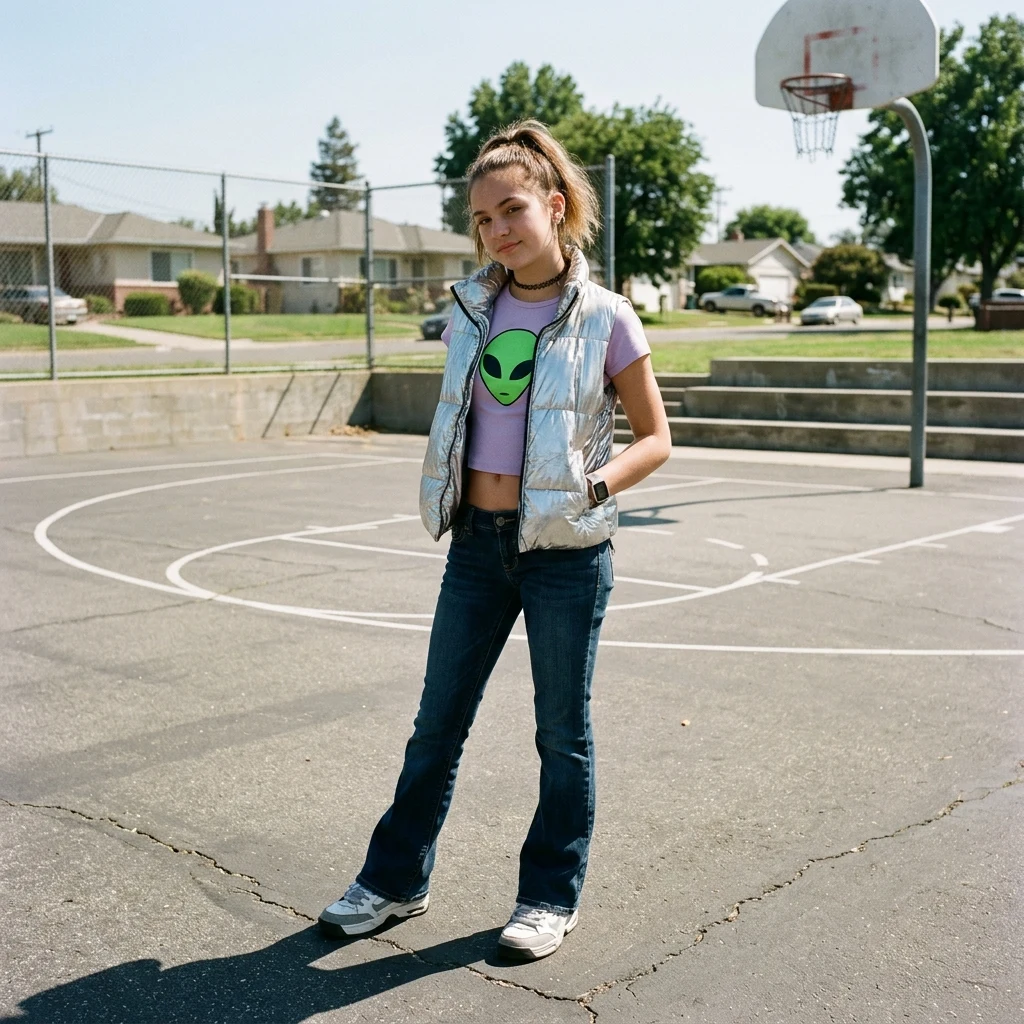 Stylish outfit on a sunny suburban court