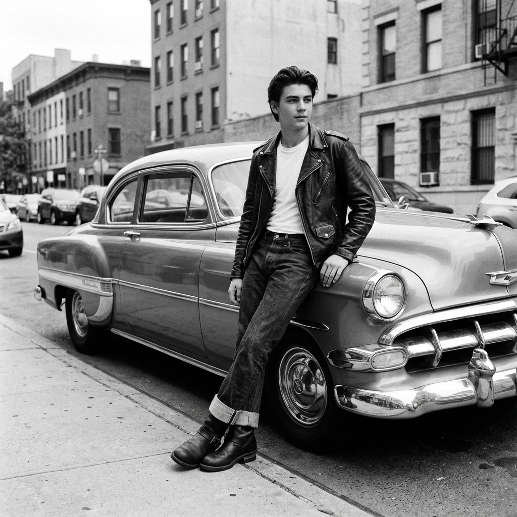 Person leaning against a vintage car