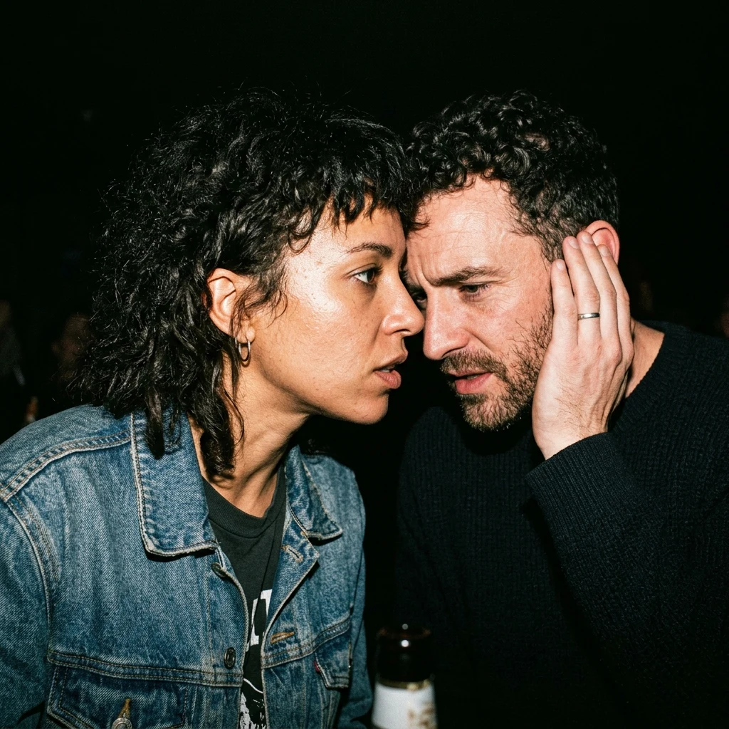 Two friends leaning in to hear each other over the music in a vinyl booth