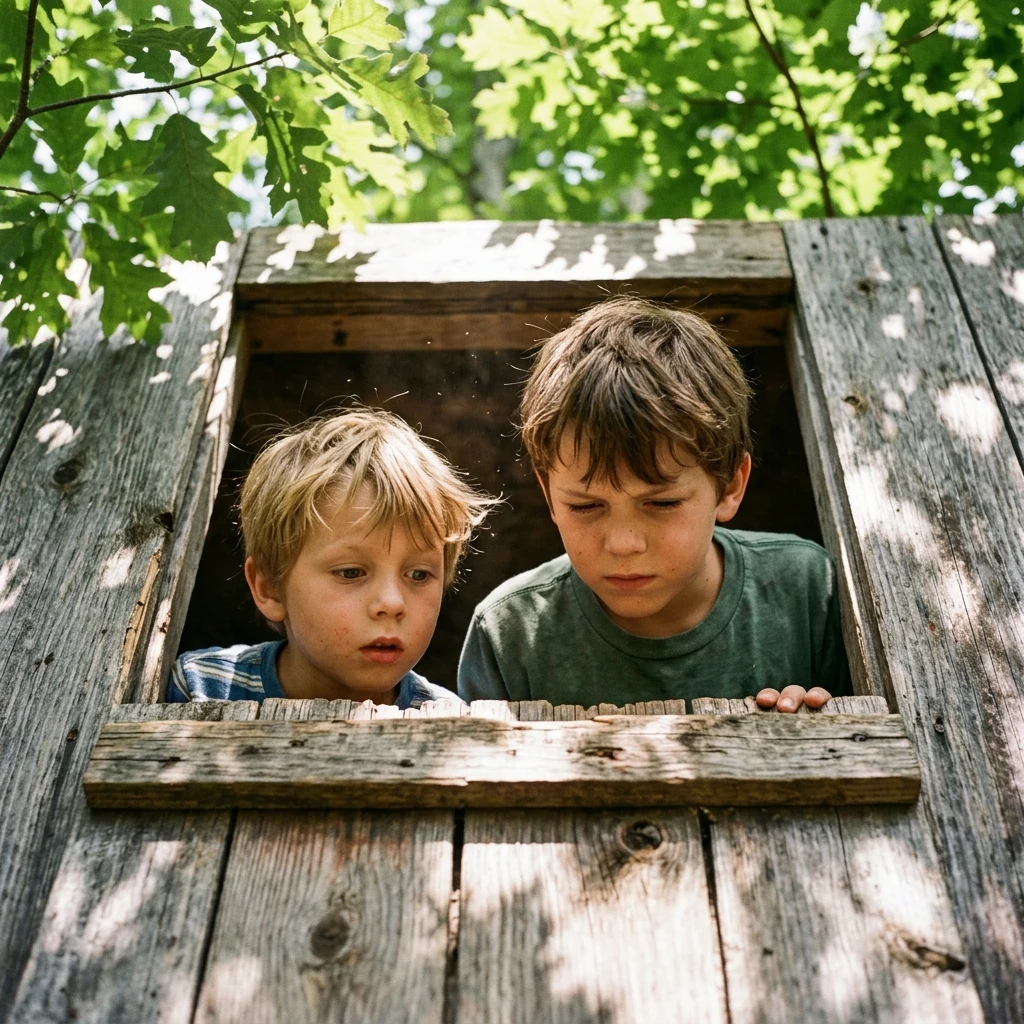 Two boys aged seven and nine sitting in a treehouse trapdoor looking down