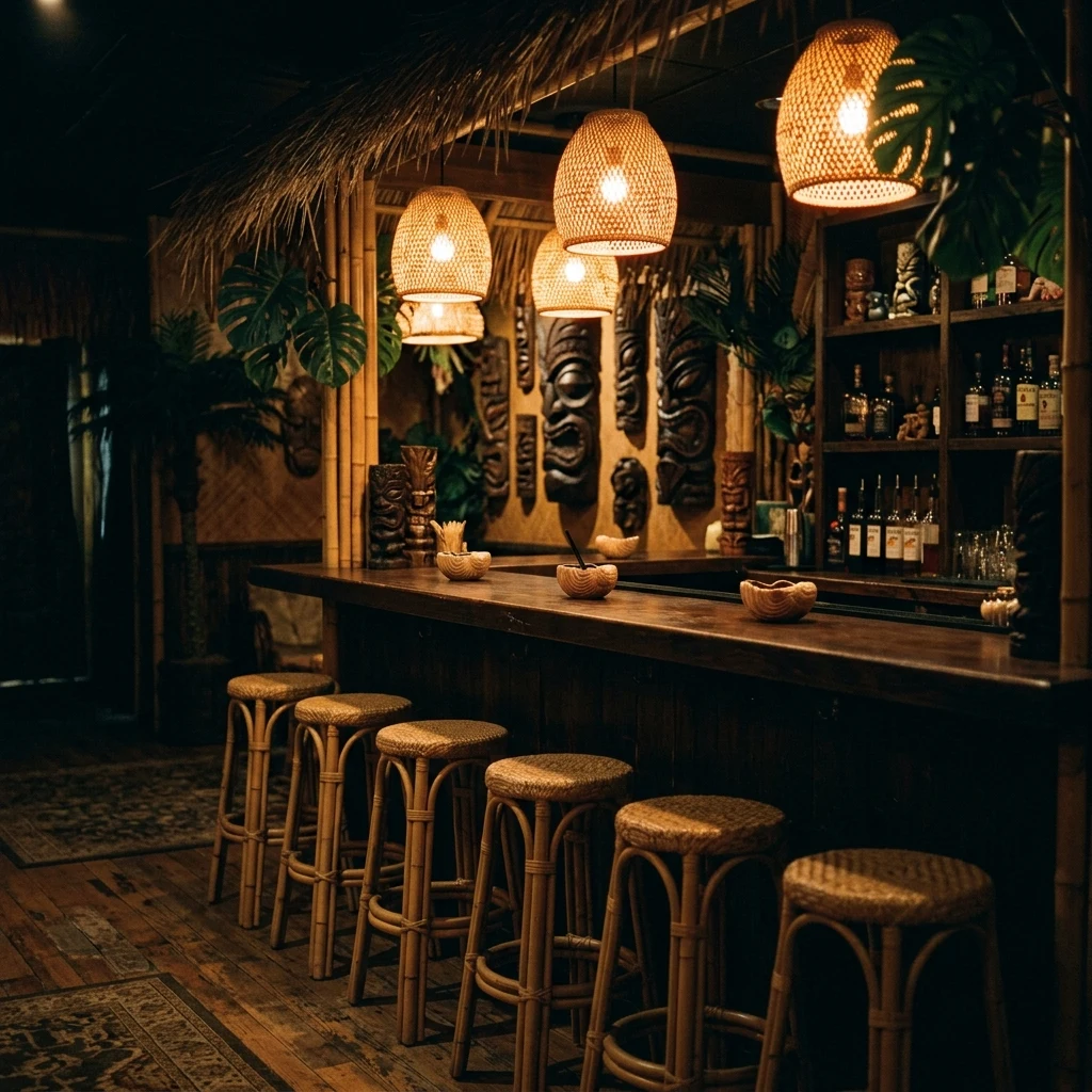 A quiet tiki bar late at night