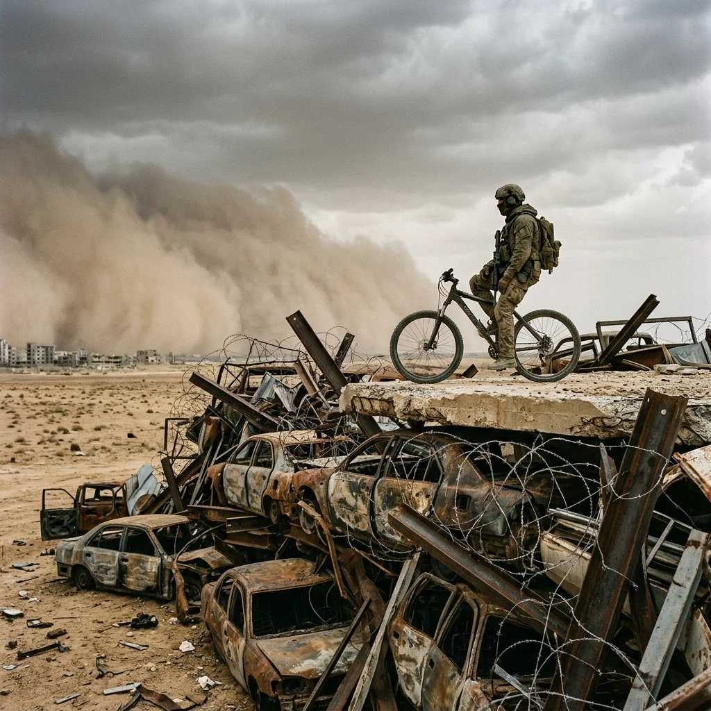 A post-apocalyptic urban shanty perimeter gate made of stacked burnt-out sedans and…