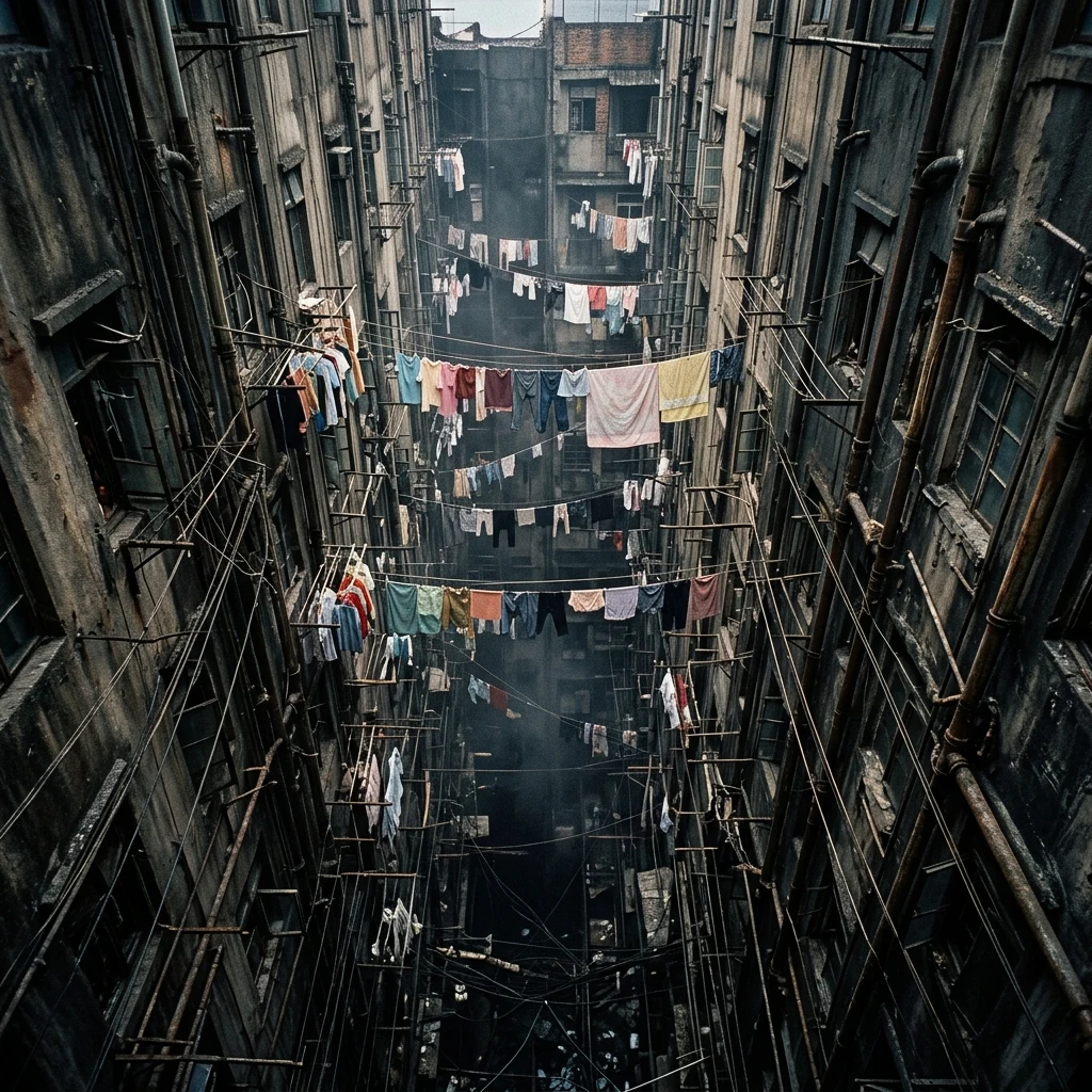 An aerial perspective looking down into a tight