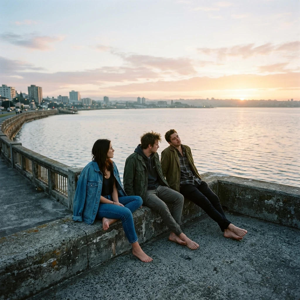 Friends watching the sunrise from a seawall
