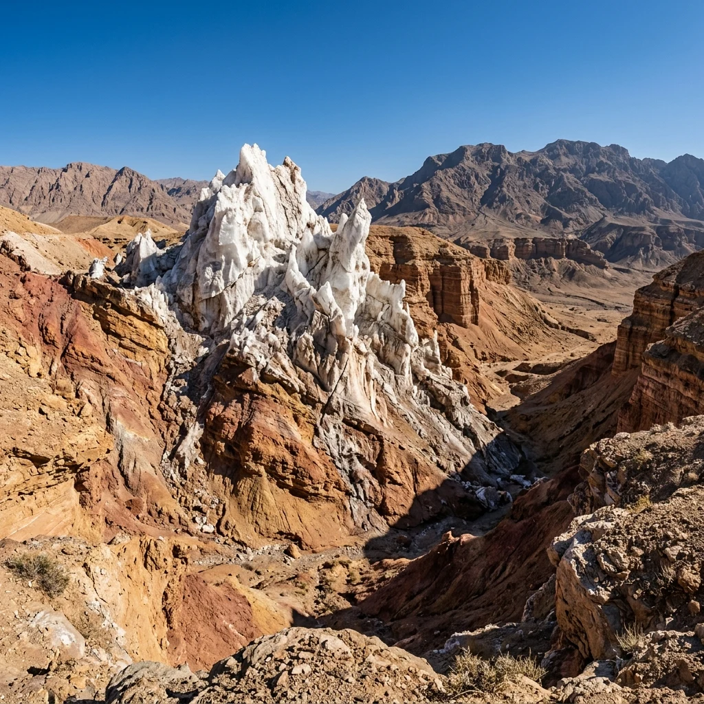 A dramatic wide-angle 24mm photograph of a massive salt dome bursting through the layered…