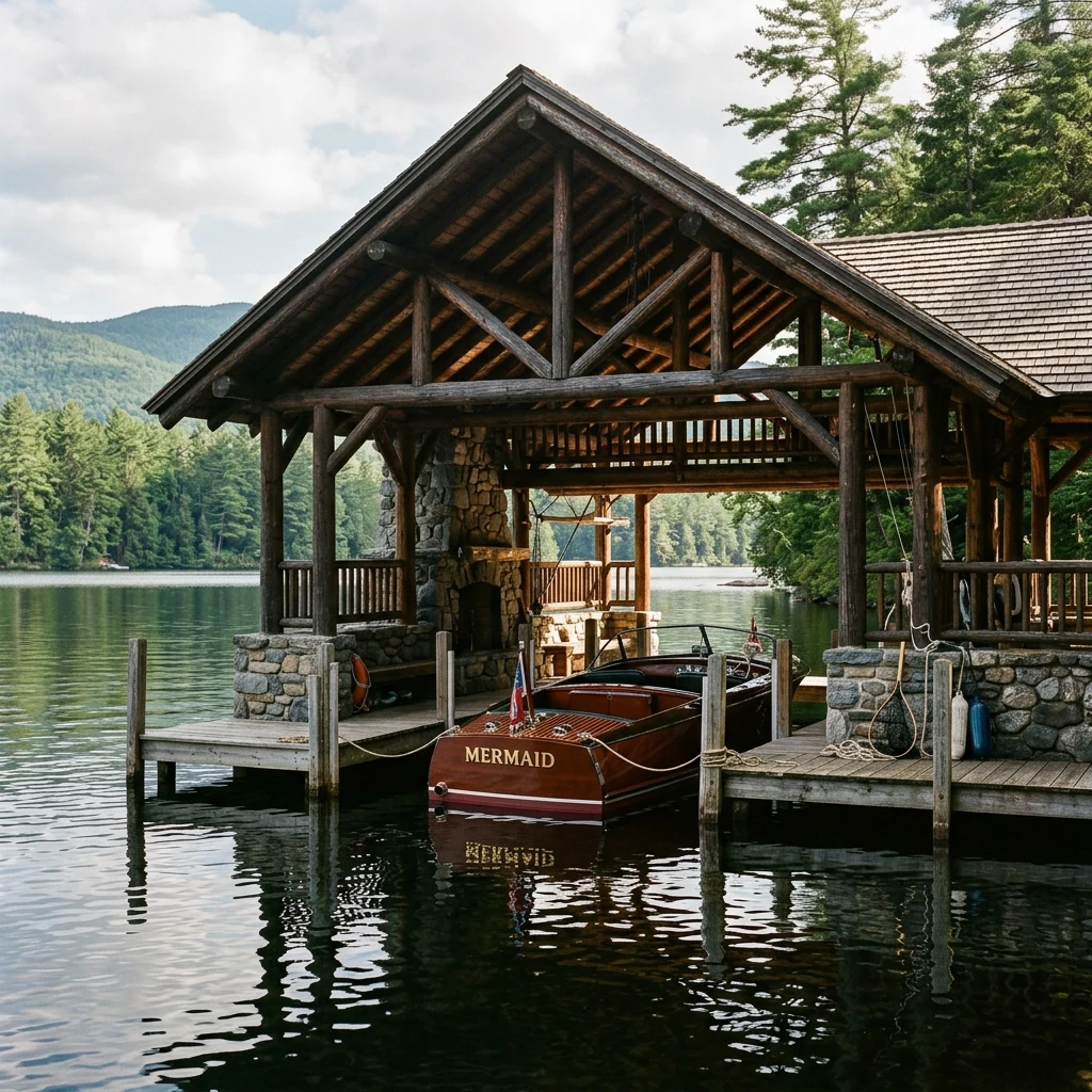 A grand timber-and-stone Great Camp boathouse on an Adirondack shoreline
