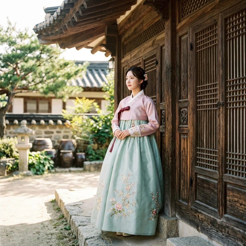A Korean woman wearing a pastel-toned silk chima and jeogori hanbok with delicate floral…