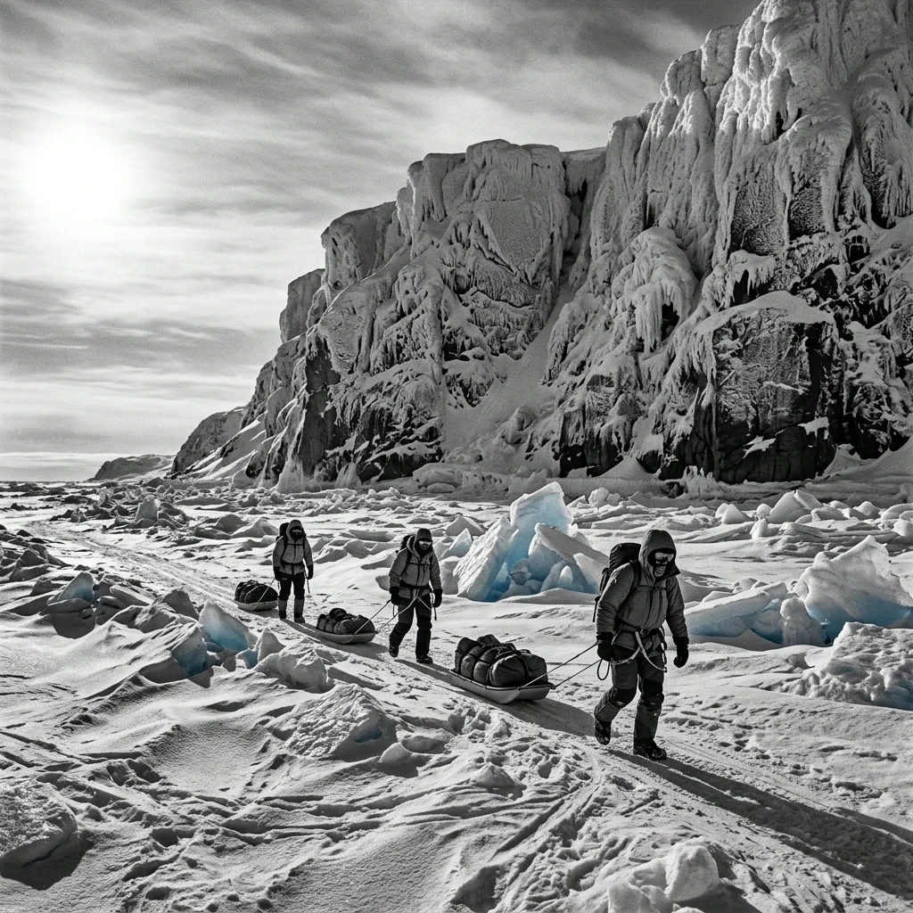 Expedition team trekking across frozen ice