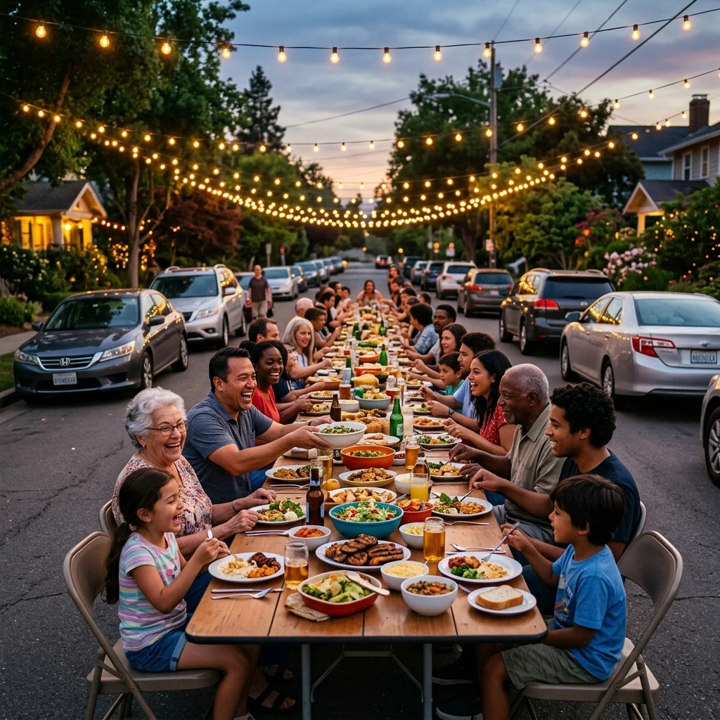 Community dinner on a residential street