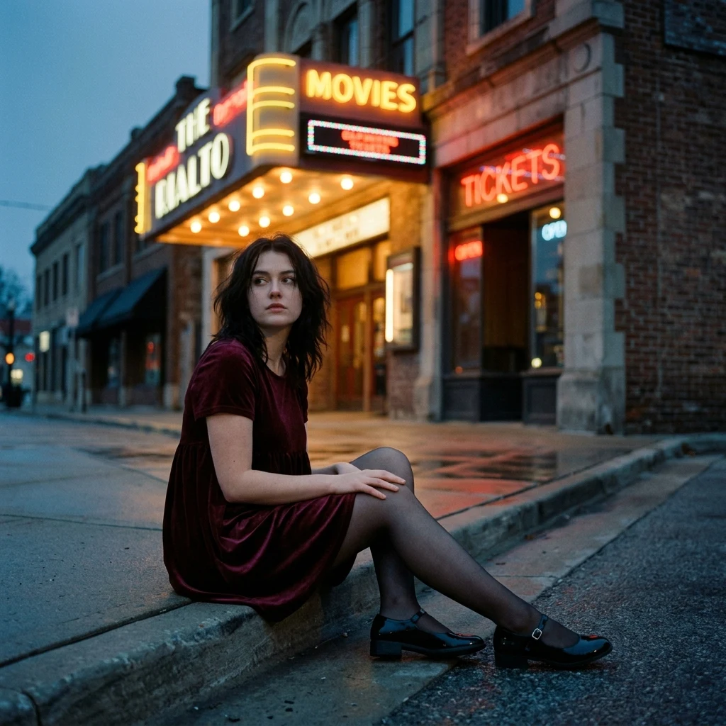 A teenage girl in a velvet babydoll dress