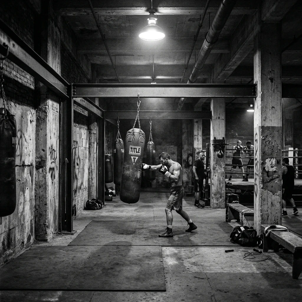 Boxing gym in a basement with concrete walls
