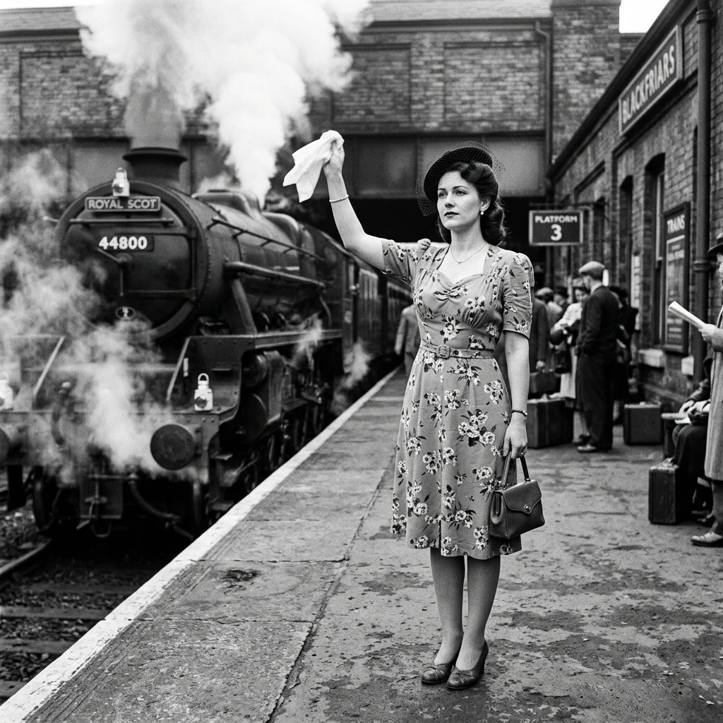 Woman waving goodbye on a vintage train platform