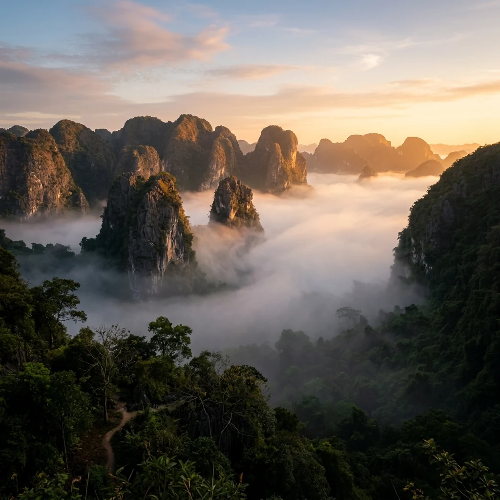 Limestone peaks rising above a misty jungle