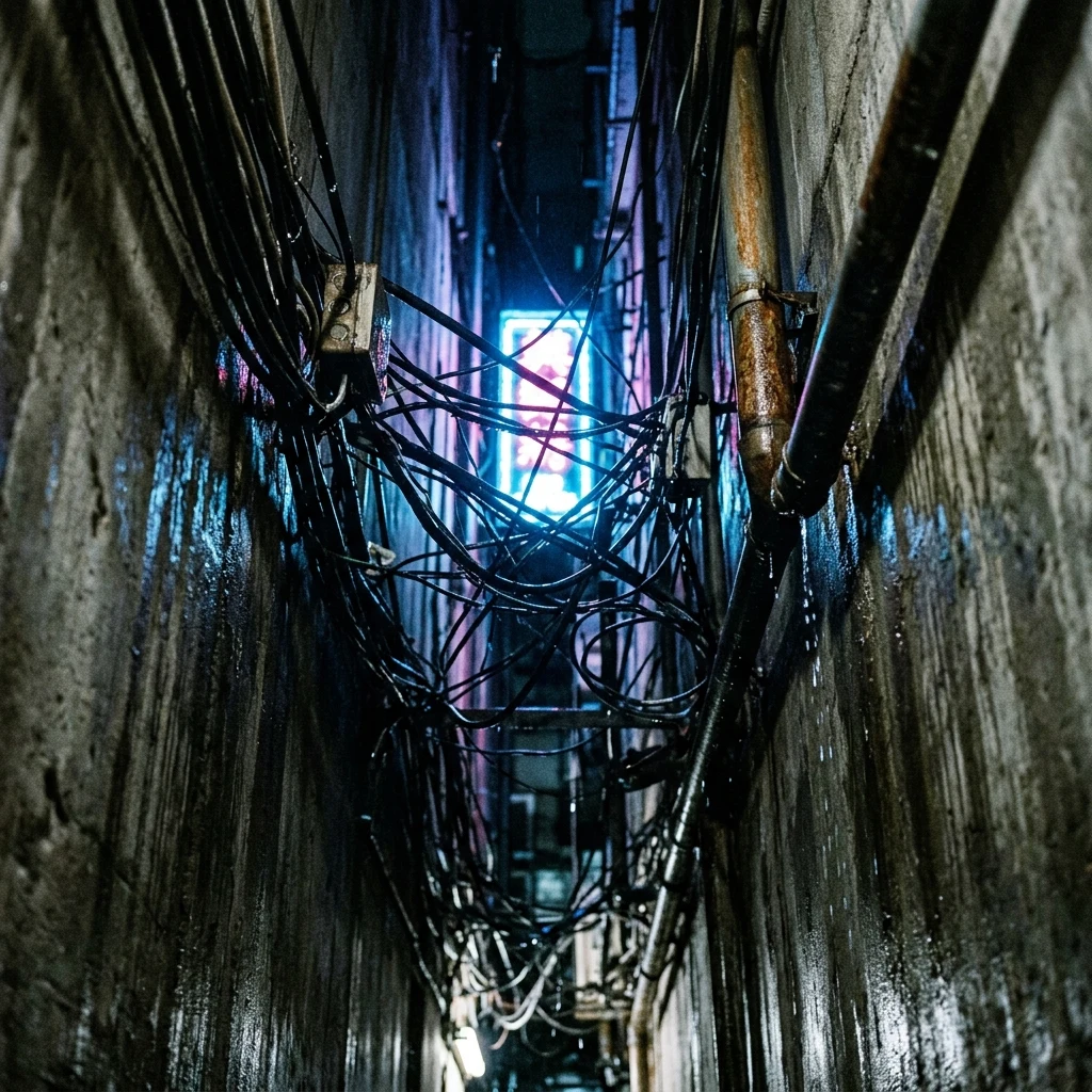 Narrow urban corridor with tangled wires