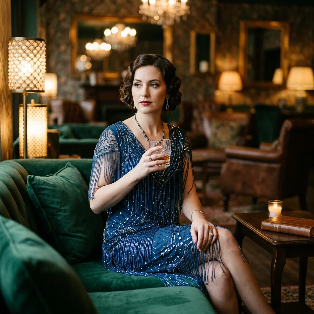 A female model in a 1920s flapper-style dropped-waist shift dress covered in intricate…