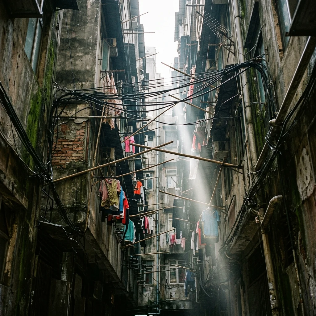A daytime view looking straight up from a narrow shaft alleyway inside Kowloon Walled City