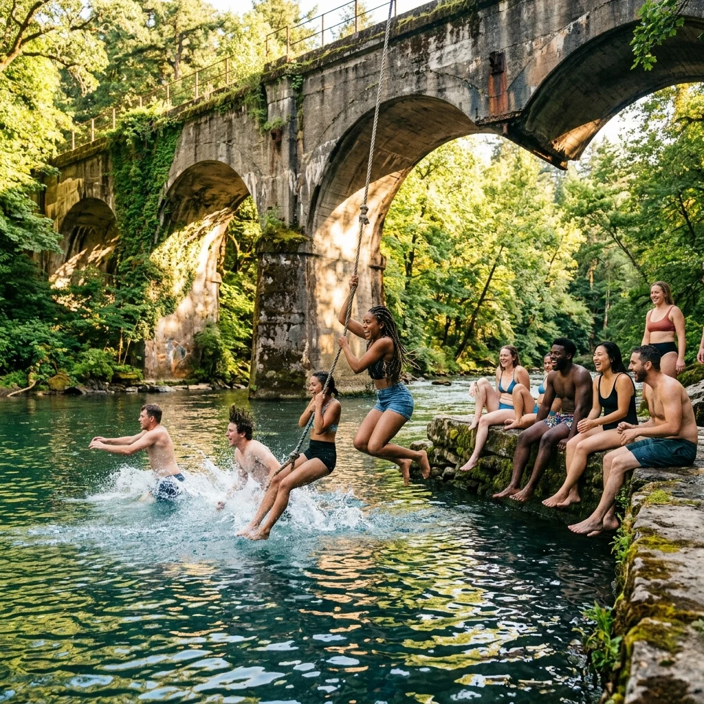 Friends swimming under an old stone bridge